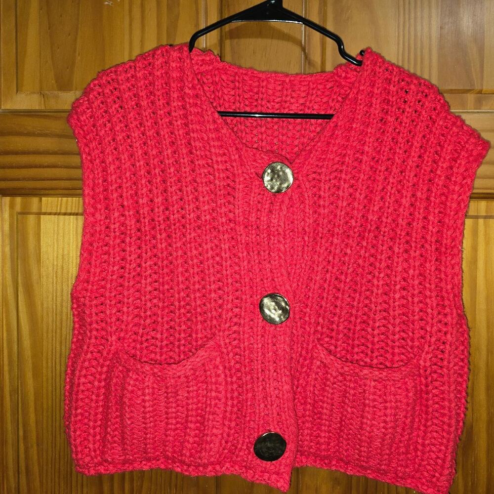 Silver Basic Women's Sleeveless Button Up Sweater Knit Vest With Pocket Size L